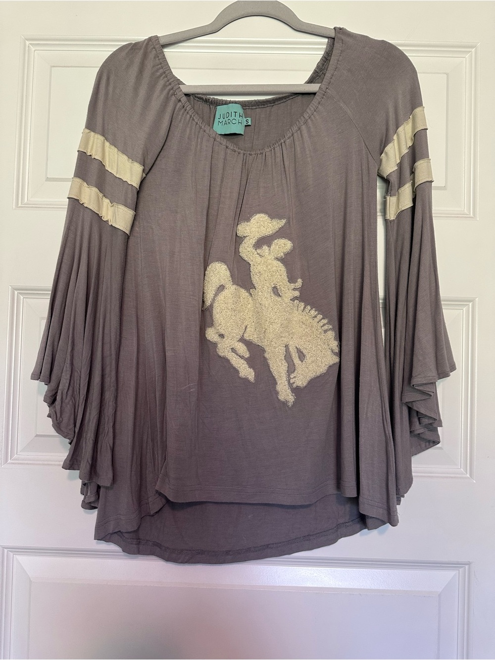 Judith March Taupe Bell-Sleeve Cowgirl Graphic Tunic with Cream Accents